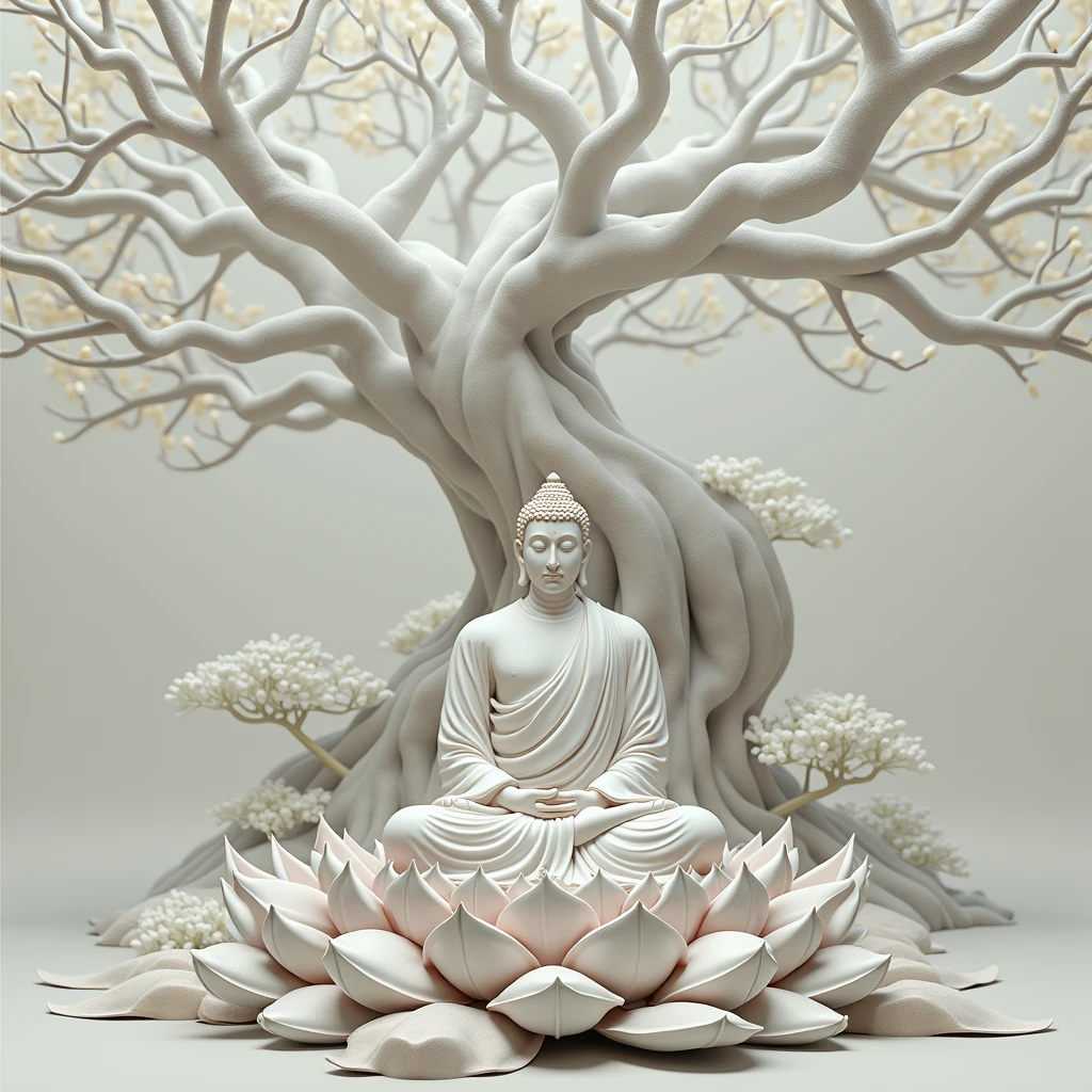 The Buddha is meditating on a large lotus flower under a large banyan tree., Surrounded by a peaceful atmosphere" Realistic,