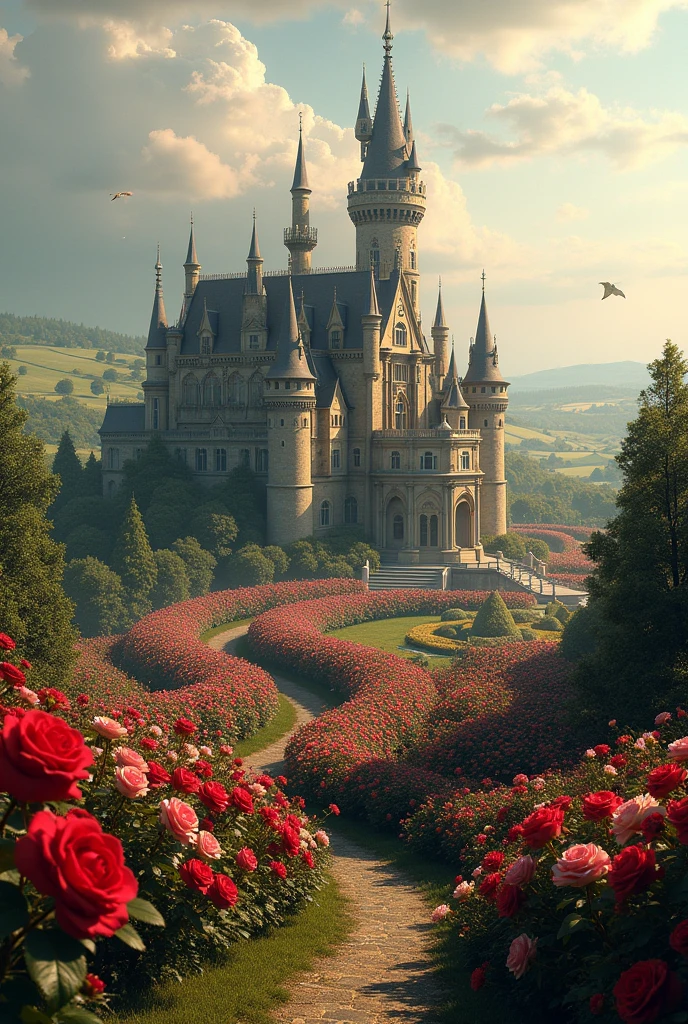 (photorealism:1.2), Castle and around the castle have rose graden
