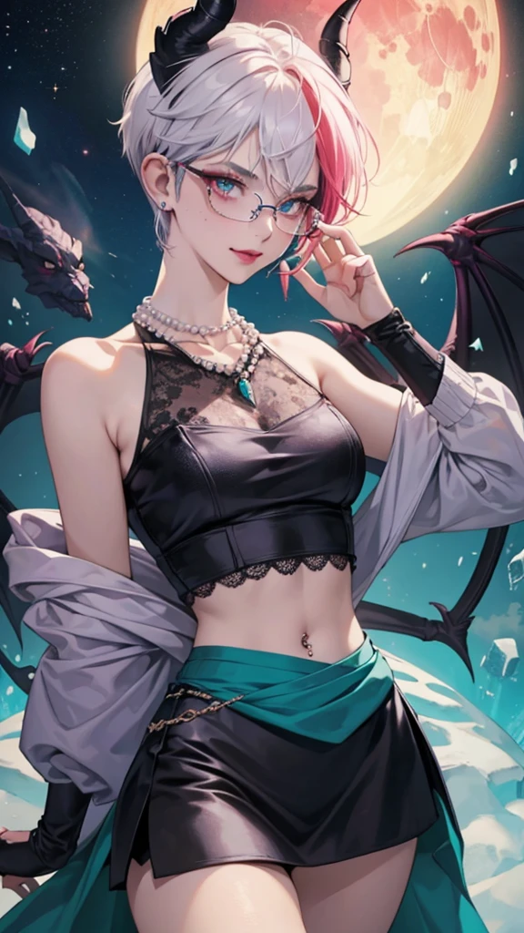 8k, masterpiece, best quality, highly detailed, 1 girl, tiefling, warlock, pixie cut, multicolored hair, very short straight hair red highlight hair on white hair, strippled hair, wearing glasses, round glasses, earrings, navel piercing, red eyeshadow, long eyelashes, blushed cheek, red lips, pearl necklace, rings, collarbone, mole on face, glamorous, teal and pink clothes, sleeveless, miniskirt, smirk, close up view, rings, looking at viewer, demon horns, solo, starry sky, pale blue moon, standing, demonic arms, chains on the background, black lace gloves, hand touching glasses.