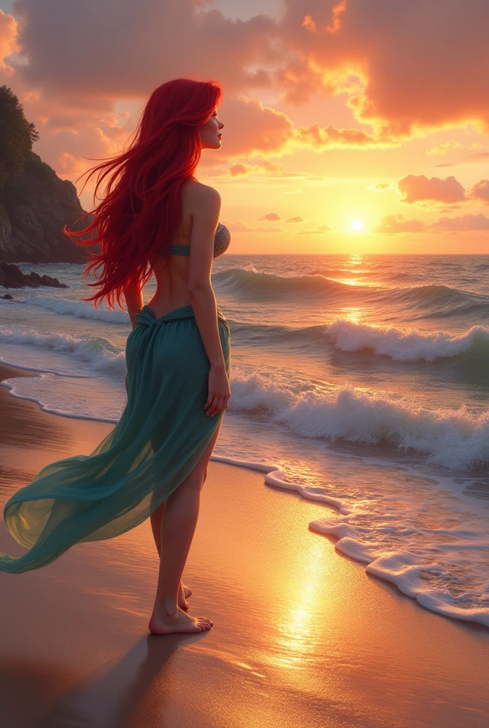 Realistic. The little mermaid Ariel if she was in real life and was human. She is walking and looking at the sea. Sunset in the background. Photorealism.