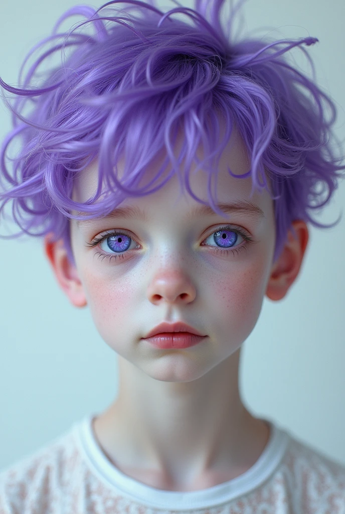 A boy with messy purple hair and shining eye and white skin