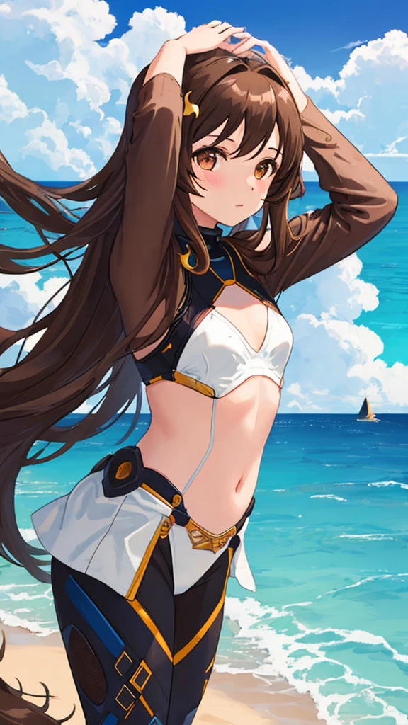 1girl, long brown hair, brown eyes, crescent hair ornament, small breasts, plug suit, ocean, beach, horizon, day, blue sky, outdoors, cloud, solo, [[[looking at viewer]]], arms up, cowboy shot, sand, bangs