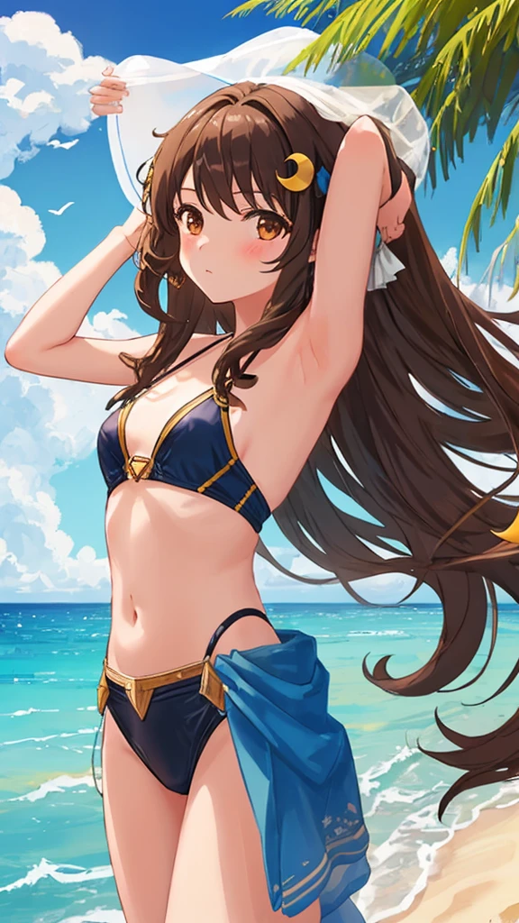 1girl, long brown hair, brown eyes, crescent hair ornament, small breasts, plug suit, ocean, beach, horizon, day, blue sky, outdoors, cloud, solo, [[[looking at viewer]]], arms up, cowboy shot, sand, bangs