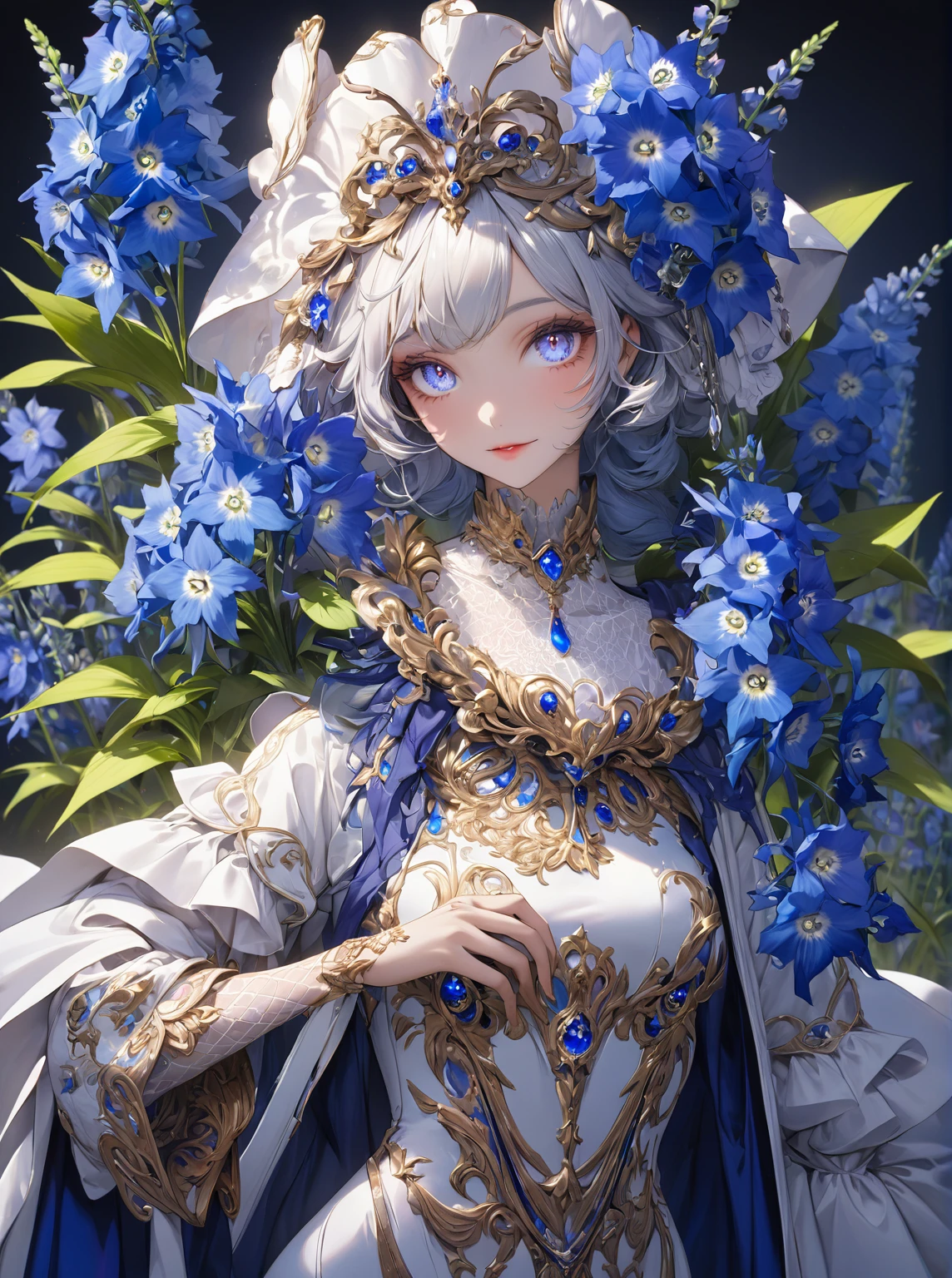 Ultra high resolution, rich colors, perfect image, best quality, beautiful woman, glowing skin, skin and clothing texture, delicate eyes, anthropomorphic, flower, delphinium