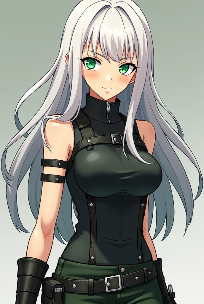 Here is a detailed description of a female anime character as requested.:
**name:** Aria Valens
**Appearance:**
- **hairs:** Aria has long white hair that falls softly to the middle of her back., with a choppy fringe that frames her face. Sometimes, she ties part of her hair in a side braid, leaving the rest loose.
- **eyeballs:** His eyes are an intense green, that seem to glow with an emerald hue under the light. They are slightly almond shaped, giving it an expression that is both intense and mysterious.
- **Skinned:** Aria has fair skin, with a slight pink tint on the cheeks. Your skin is soft, but displays some fine scars, result of battles and challenges he faced. These scars are not very apparent at first glance., but can be noticed on closer observation. They run along the arms and back, usually covered by their clothes, but there is a small scar on his right cheek, almost imperceptible, which adds a survivor air to your appearance.
- **Physical Constitution:** Aria is slender, with defined muscles that demonstrate strength and agility. She has a confident and firm posture, reflecting his combat experience. His height is median, cerca de 1,70 m, and she moves with a natural grace, as if she were always ready to spring into action.
**badass clothing:**
- Aria usually wears practical clothes, ideal for a post-apocalyptic environment. She wears a black sleeveless shirt, reinforced with leather plates on the sides for protection. Her trousers are fitted, of a resistant material, and she wears knee-high combat boots. She also carries a light leather jacket., that can be tied around the waist when not in use.
- As an accessory, Aria wears a moss green fabric band on her left arm., a symbol of an ancient alliance or group to which she belonged. She also has a small pouch attached to her belt., where you keep essential items and a