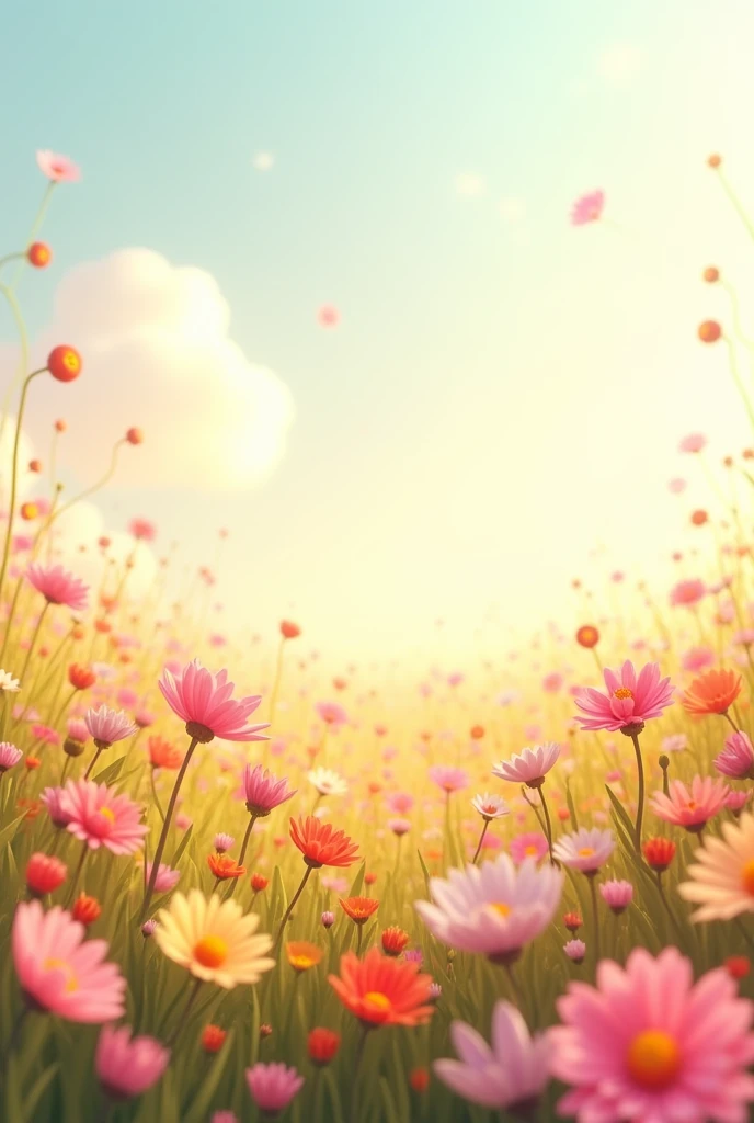 image of a sunny one-day landscape, just the landscape with flowers, flowery field, no people, no animals, vibrant childish, art style, cartoon, artistic, soft color palette, flowers of various kinds blown by the wind, brightness, magical photography, soft soft lighting, light background, realistic photo, super detailed, 4k, high resolution, super thin sharp,  high quality, unique, beautiful colors, 3d rendered,  