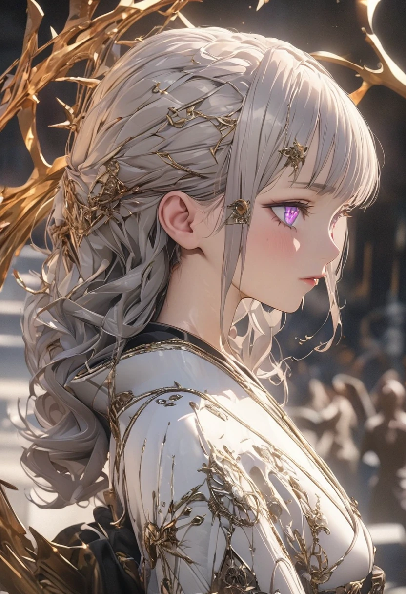 grey hair, high detail, anime, Gothic art, anime style, from side, UHD, retina, masterpiece, accurate, anatomically correct, textured skin, super detail, high details, high quality, award winning, best quality, highres, 8k, 16k, grey hair, puple eye,detailed eye, detailed pupils, witch, girl, full body