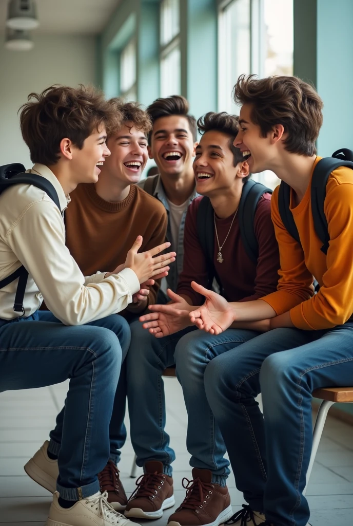photo of five friends boys sitting in school laughing