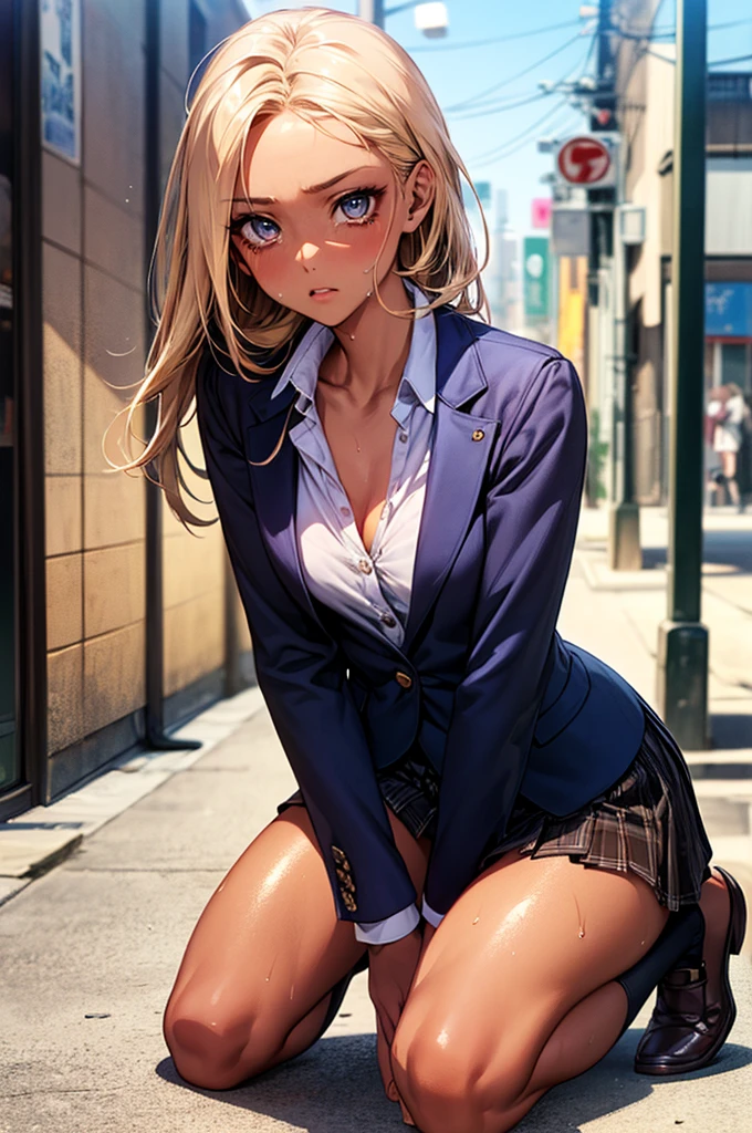 (((night,真night中))),((perfect anatomy:1.2,realistic:1.3,RAW Photography:1.3,masterpiece、highest quality、Ultra - High resolution、High resolution、Highly detailed CG、8K)),cowboy shot,1 female,solo,1、High school girl beautiful girl,Japanese,((beautiful detailed face and eyes:1.2,big gorgeous eyes:1.3,)),blonde hair,long hair,(center parted hair:1.4,forehead),medium breasts,slender body,small head:1.3,skinny,(brown skin:1.4),(oily skin,gleaming skin,shiny skin,sweat:1.2),(school uniform、Dark blue blazer jacket、plaid pleated mini skirt),kneeling,dirty back alley、Tokyo、