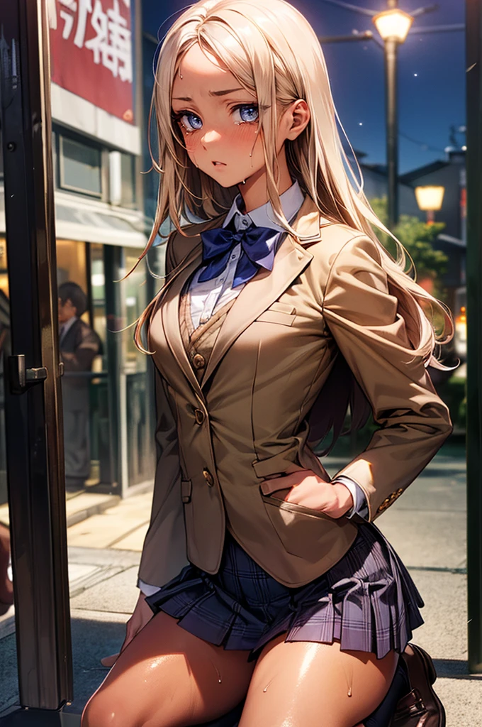 (((night,真night中))),((perfect anatomy:1.2,realistic:1.3,RAW Photography:1.3,masterpiece、highest quality、Ultra - High resolution、High resolution、Highly detailed CG、8K)),cowboy shot,1 female,solo,1、High school girl beautiful girl,Japanese,((beautiful detailed face and eyes:1.2,big gorgeous eyes:1.3,)),blonde hair,long hair,(center parted hair:1.4,forehead),medium breasts,slender body,small head:1.3,skinny,(brown skin:1.4),(oily skin,gleaming skin,shiny skin,sweat:1.2),(school uniform、Dark blue blazer jacket、plaid pleated mini skirt),kneeling,dirty back alley、Tokyo、