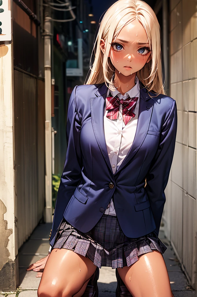 (((night,真night中))),((perfect anatomy:1.2,realistic:1.3,RAW Photography:1.3,masterpiece、highest quality、Ultra - High resolution、High resolution、Highly detailed CG、8K)),cowboy shot,1 female,solo,1、High school girl beautiful girl,Japanese,((beautiful detailed face and eyes:1.2,big gorgeous eyes:1.3,)),blonde hair,long hair,(center parted hair:1.4,forehead),medium breasts,slender body,small head:1.3,skinny,(brown skin:1.4),(oily skin,gleaming skin,shiny skin,sweat:1.2),(school uniform、Dark blue blazer jacket、plaid pleated mini skirt),kneeling,dirty back alley、Tokyo、