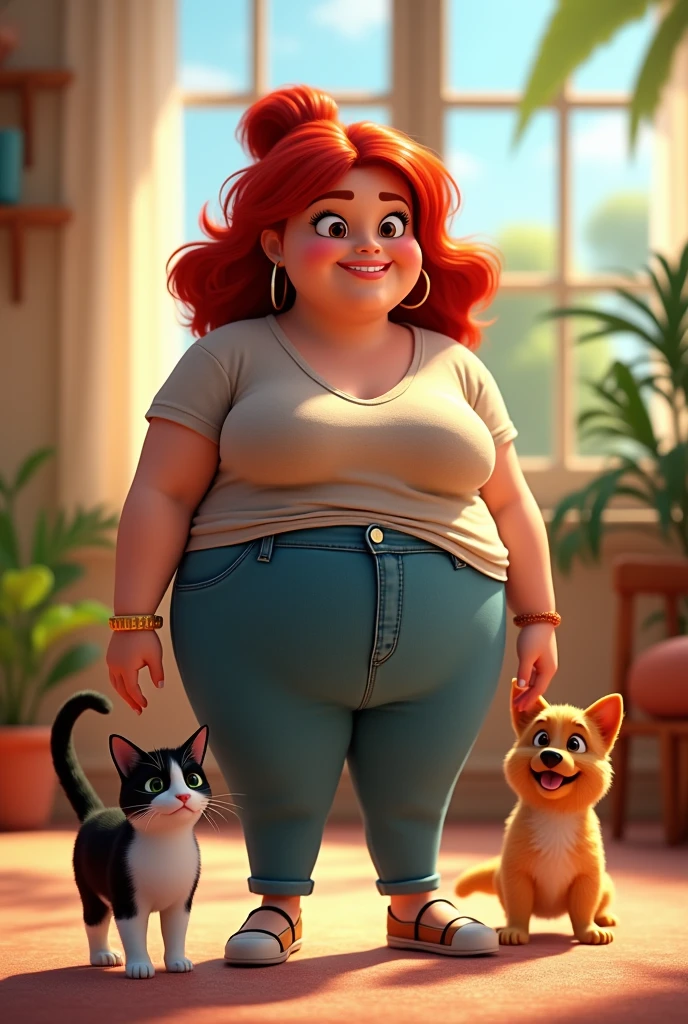 Create an animated pixar photo of a red-haired woman with big hips, chubby and a little chubby, with a small black and white cat and an orange and white cat and a Yorkie dog,