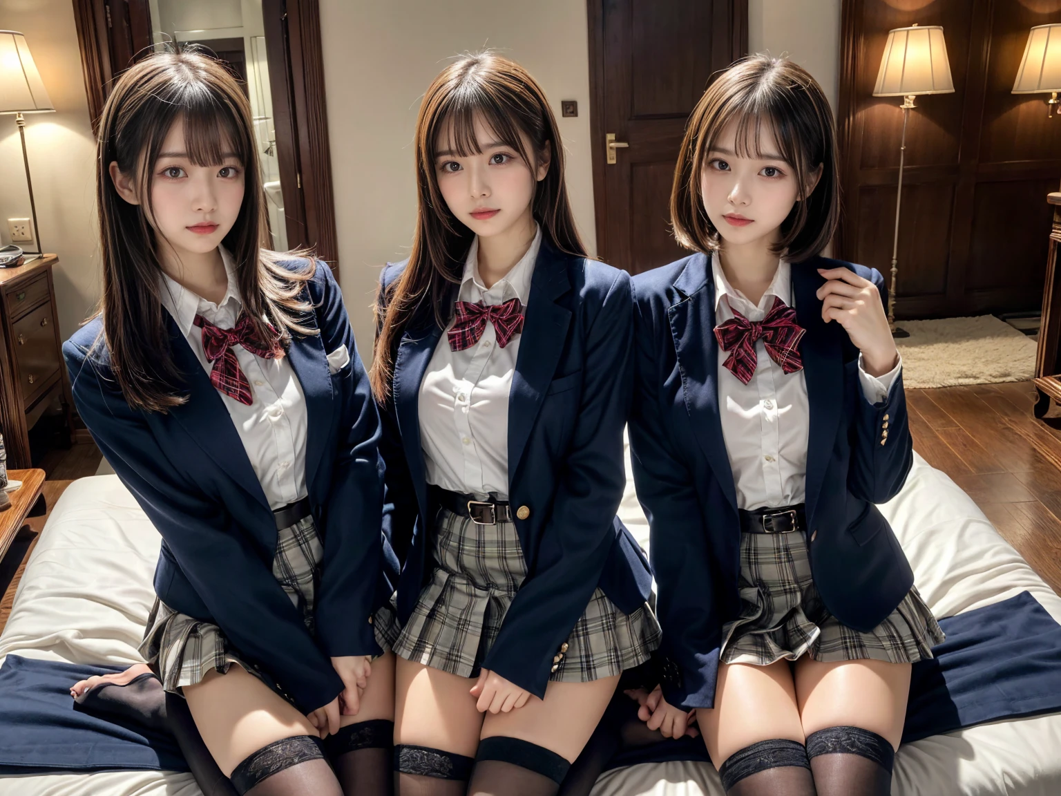 (8K, Raw photography, top-quality, masterpiece:1.2), master piece, best quality, illustration, Super detailed, fine details, High resolution, 8K,wall paper, perfect dynamic composition,(Details High quality, realistic depiction of eyes:1.3), ((2 girls, 2 schoolgirls)), The background is a luxury hotel room、High school girl uniform、blazer 、Super Short Check Uniform Skirt、Navy blue high socks、garterbelts、Colossal tits、Disturbed uniform, Play with each other,Touching each other's bodies,Touching the body of the girl next door, short bob hair, black hair color, huge breasts, Big Natural Color Lip, bold sexy pose, (perfect body shape), crying a little、cold gaze, Beautiful makeup,glitter makeup,Cutest 1, beautiful legs, hposing Gravure Idol, Voluptuous thighs