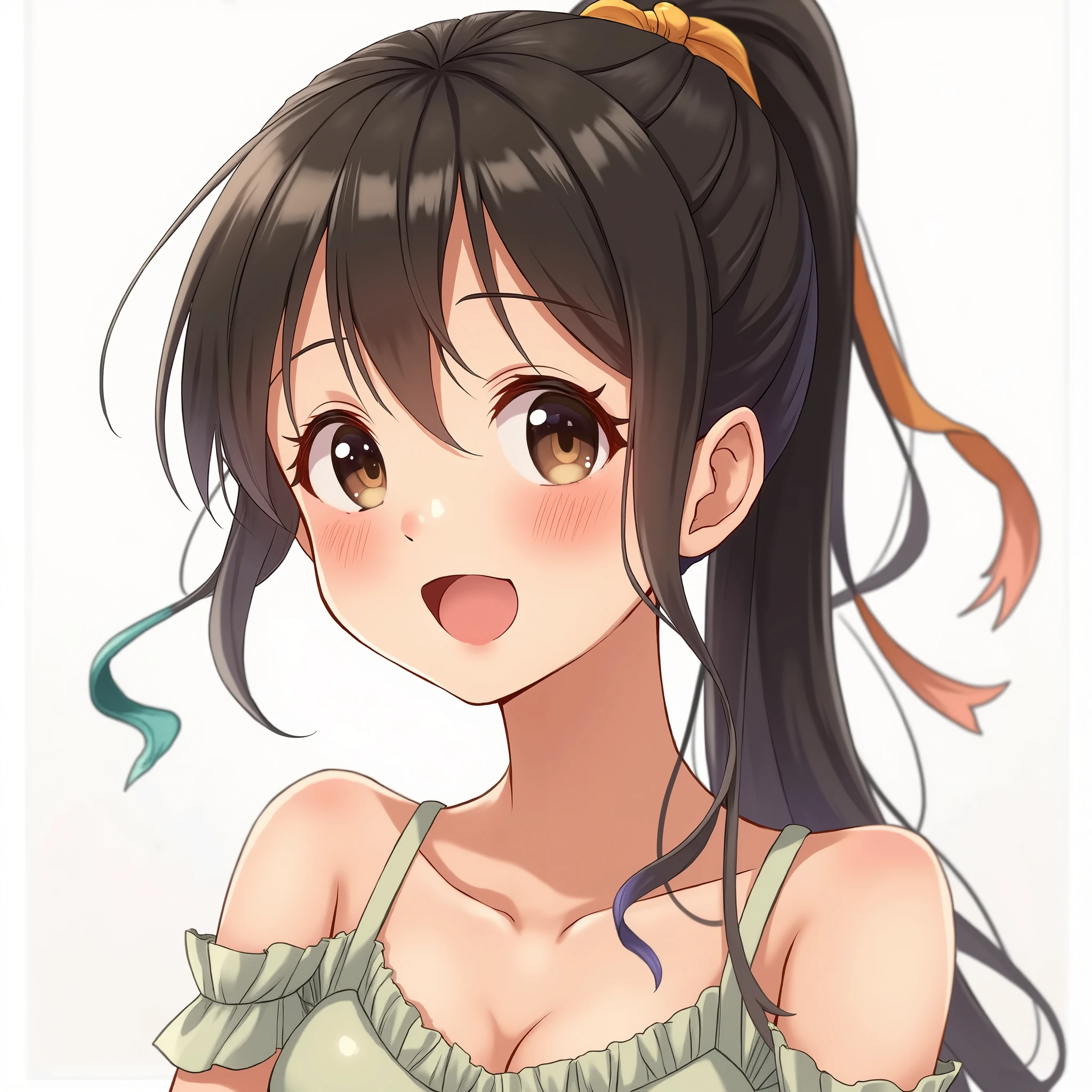 One girl, Textured skin, ponytail, chest, smile, laughing, Simple Background, ribbon, anime, Long Hair, 