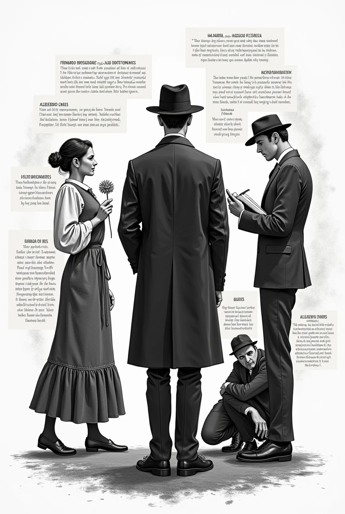 Illustration by Fernando Pessoa accompanied by his Heteronyms. In the center of the image, places a representation of Fernando Pessoa, with a hat and a trench coat, with an expression of introspection. Alberto Caeiro To Pessoa's left, portrayed as a peasant man, with a serene look and a flower in hand. Ricardo Reis On the right, dressed elegantly, with a pen in hand and an open book, showing its philosophical character. Alvaro de Campos At the bottom, represented with a more modern and avant-garde style, with dark glasses and an agitated attitude, maybe with a cigarette. Around each figure, incorporates fragments of his most representative works. Choose a black and white illustration style, bottomless, that gives a nostalgic and literary air to the composition.