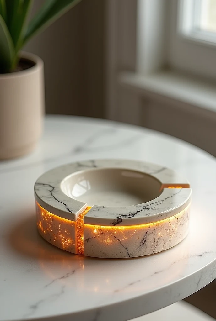 Modern and contemporary design small ashtray, handcrafted from premium travertine stone. It features a marble top covered with a mirror finish that gives it a stunning visual effect, and is illuminated from within by warm green LED lighting.. The sides are covered with a layer of travertine stone, giving it a three-dimensional appearance.. It features simple engravings that add to its elegance, and can be placed on a light-colored living room table to complement its unique design.. This ashtray combines simplicity and elegance with a touch of modernity, making it a distinctive piece of art in any room or living room..