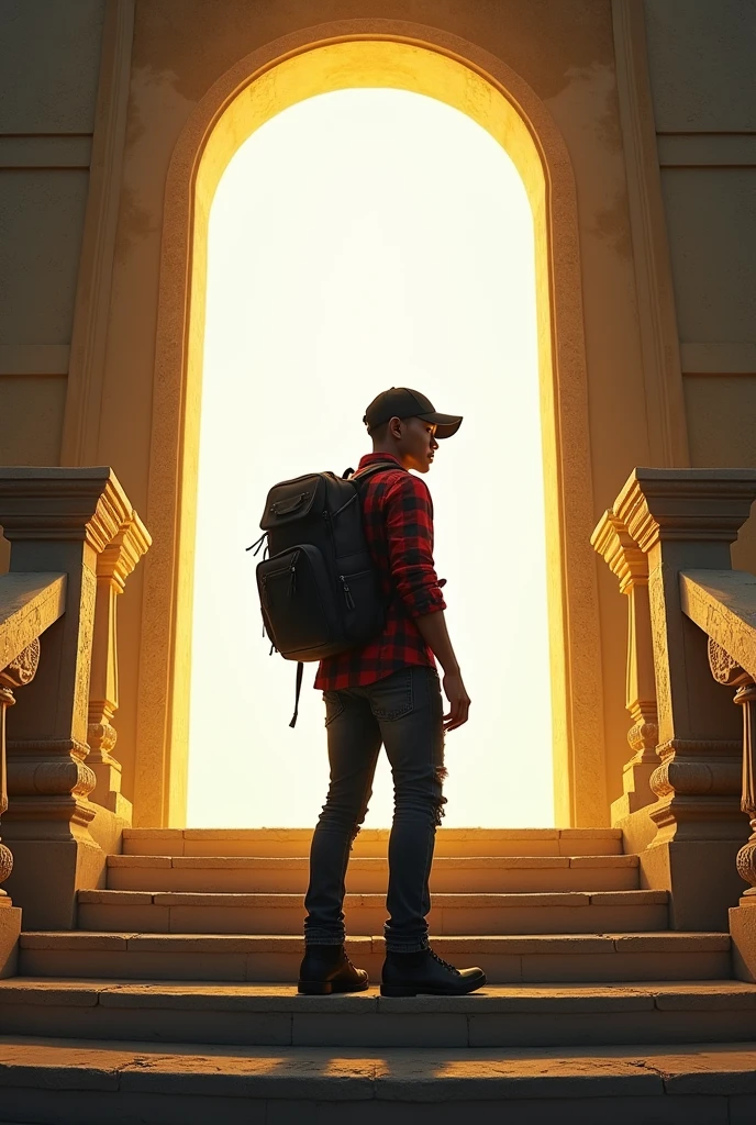 Hyper realistic, depict dramatic scenes with strong color contrasts, especially in shades of white and gold, depicting environments that appear otherworldly. In the middle, there was a white door emitting bright light, with the silhouette of a person standing in the doorway. Face detailed. Look straight ahead. 26yo Indonesian man wearing dark red flannel shirt and dark ripped jeans pants and black hiking hi-shoes with black backward trucker hat, wear dark leather backpack, masculine photoshoot pose, arrogant man expression. On the side of the stairs leading to the door. The setting includes architectural elements such as stairs and railings that have an otherworldly ancient design.
