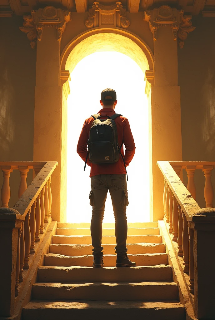 Hyper realistic, depict dramatic scenes with strong color contrasts, especially in shades of white and gold, depicting environments that appear otherworldly. In the middle, there was a white door emitting bright light, with the silhouette of a person standing in the doorway. Face detailed. Look straight ahead. 26yo Indonesian man wearing dark red flannel shirt and dark ripped jeans pants and black hiking hi-shoes with black backward trucker hat, wear dark leather backpack, masculine photoshoot pose, arrogant man expression. On the side of the stairs leading to the door. The setting includes architectural elements such as stairs and railings that have an otherworldly ancient design.