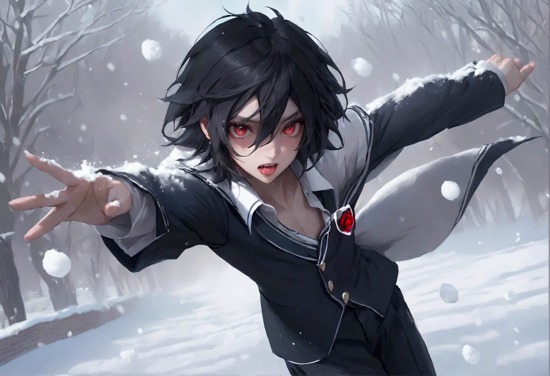 Feminine male, black wolfcut hair, school uniform, classroom, handsome, snow white skin, red eyes, fangs, full body