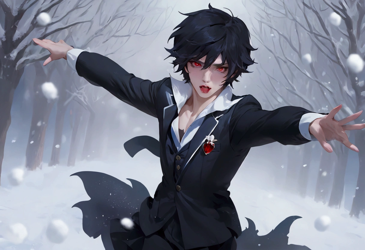 Feminine male, black wolfcut hair, school uniform, classroom, handsome, snow white skin, red eyes, fangs, full body