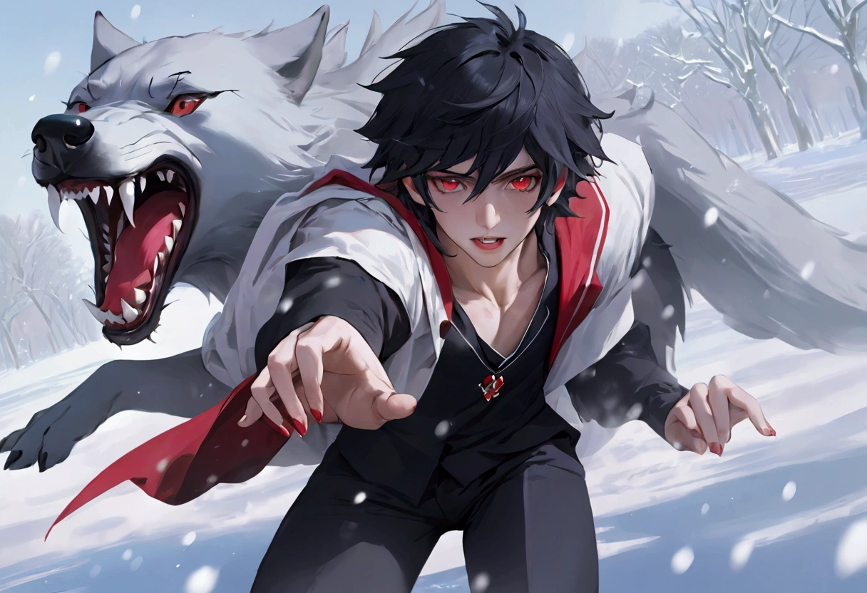 Feminine male, black wolfcut hair, school uniform, classroom, handsome, snow white skin, red eyes, fangs, full body