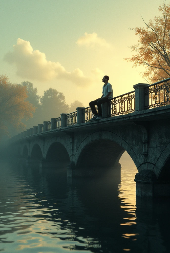 Man sitting on a bridge railing