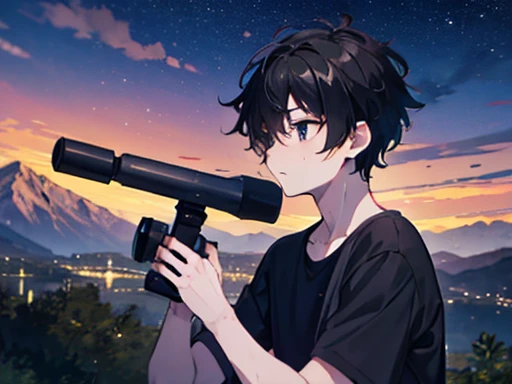 1 boy, Night view, Mountain, Black short hair, He is wearing a grey shirt, He looks sky, astronomical telescope
