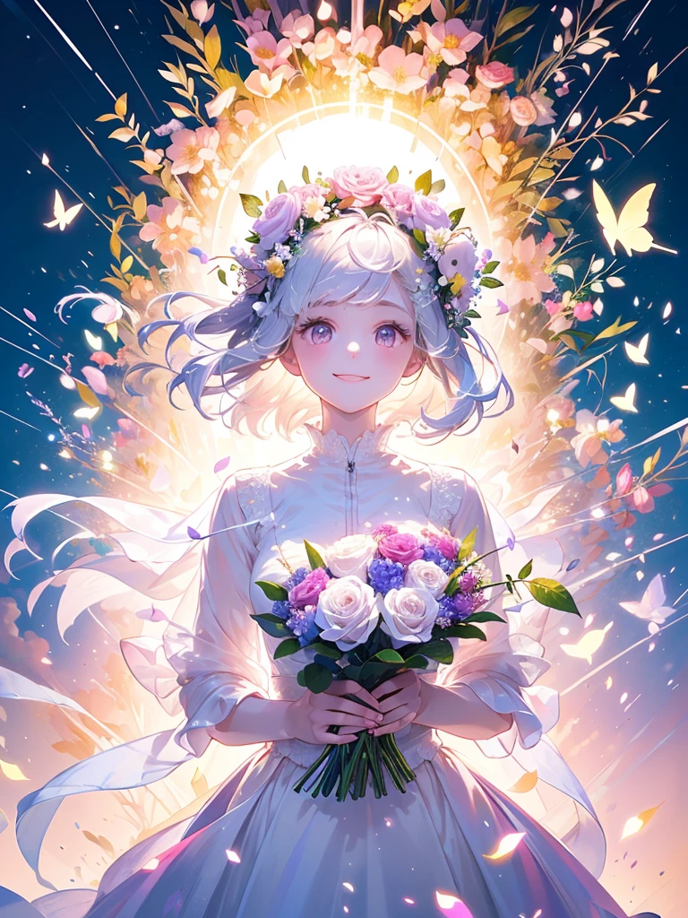 (masterpiece、Highest quality、Highest quality、Beautiful and beautiful:1.2)、(Perfect Anatomy:1.2)、Milky white straight hair girl、Butterfly Fairy、Floral costume、A radiant smile、Look up at the sky、Pray。、Flowers and leaves on head、Holding a bouquet、Rose Garden