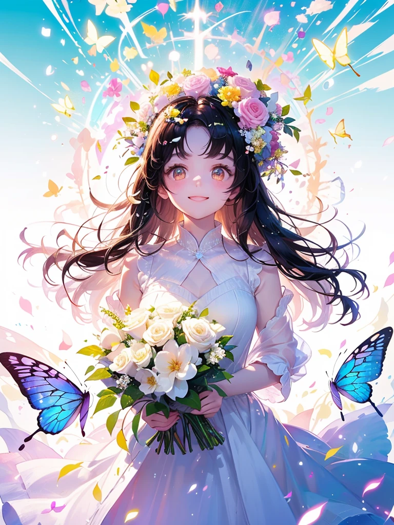 (masterpiece、Highest quality、Highest quality、Beautiful and beautiful:1.2)、(Perfect Anatomy:1.2)、Milky white straight hair girl、Butterfly Fairy、Floral costume、A radiant smile、Look up at the sky、Pray。、Flowers and leaves on head、Holding a bouquet、Rose Garden