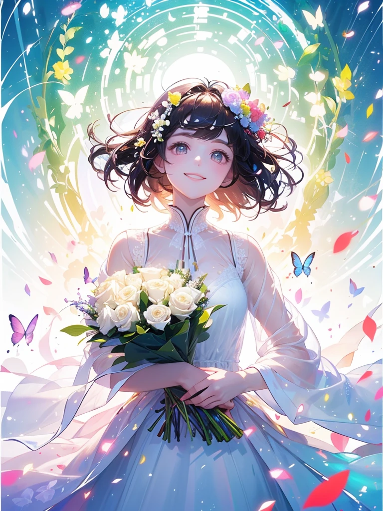 (masterpiece、Highest quality、Highest quality、Beautiful and beautiful:1.2)、(Perfect Anatomy:1.2)、Milky white straight hair girl、Butterfly Fairy、Floral costume、A radiant smile、Look up at the sky、Pray。、Flowers and leaves on head、Holding a bouquet、Rose Garden