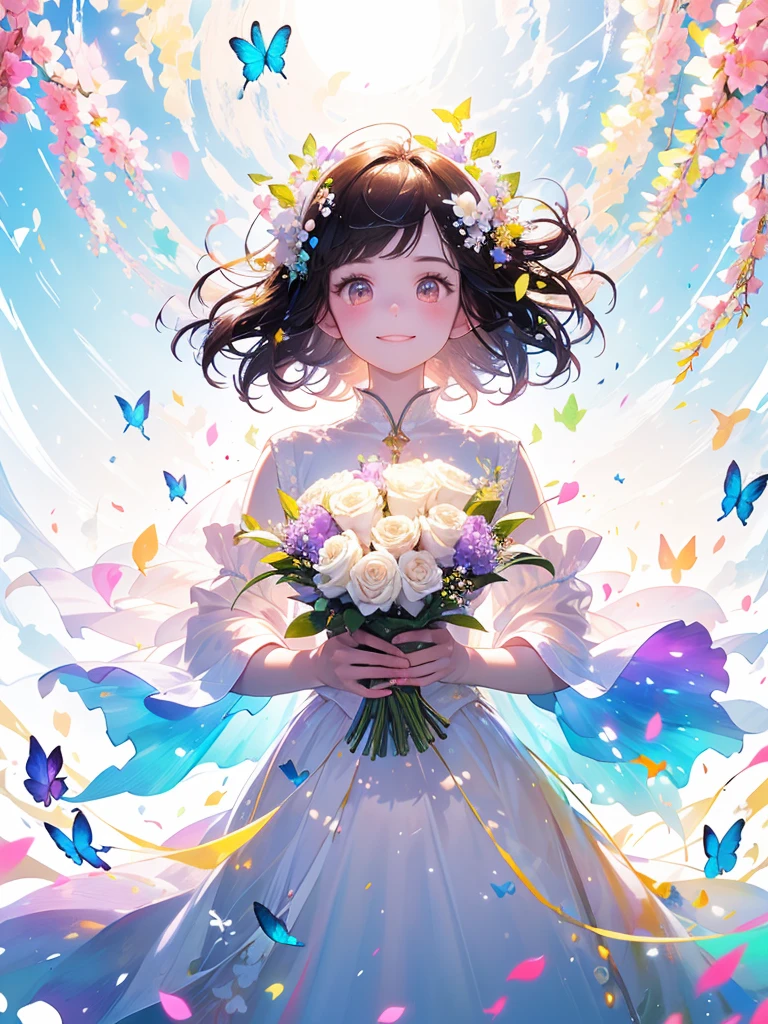 (masterpiece、Highest quality、Highest quality、Beautiful and beautiful:1.2)、(Perfect Anatomy:1.2)、Milky white straight hair girl、Butterfly Fairy、Floral costume、A radiant smile、Look up at the sky、Pray。、Flowers and leaves on head、Holding a bouquet、Rose Garden