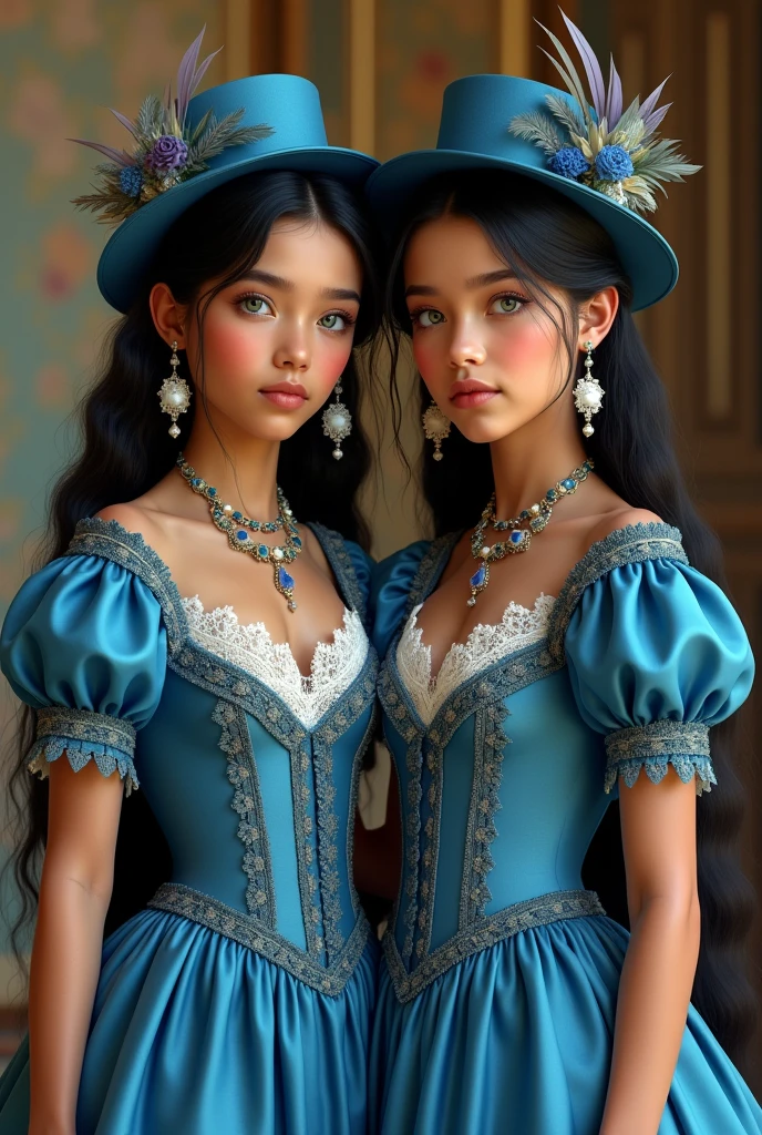 2 twin girls, of royal blood on his father's side and Apache and English on his mother's side, She is the personification of mestizo beauty. One with light skin and another with light skin slightly tanned, One has green eyes and the other has intense blue eyes, both stand out on her delicate oval face., while both of their hair is black and straight in a beautiful Victorian hairstyle. Both of them are wearing an elegant Victorian dress from 1871., ( Very detailed) Made of deep blue silk with white lace details, fitted to her figure by a corset and highlighting the large breasts that the two have and a perfect body and waist and adorned with ruffles and ribbons on the wide skirt. ( Very detailed dress)A small hat in keeping with the era and a hairstyle decorated with feathers and flowers complete her look., Combining the dignity of his royal lineage with the inner strength of his Apache heritage.