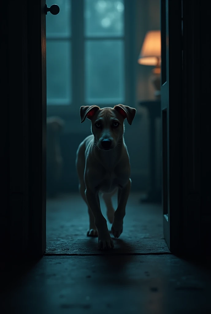 A dog came out of the dark corner of the room.