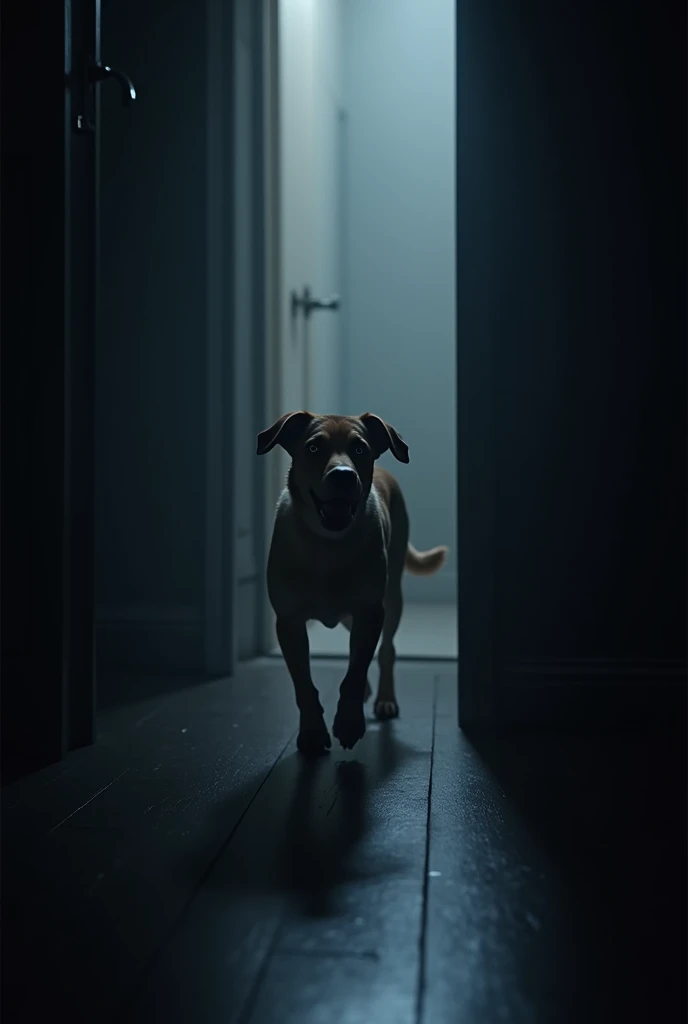 A dog came out of the dark corner of the room.