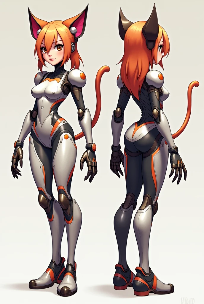 stylized style, Overwatch style female character concept, full body back and front view, robot detailed face with round eyes, cat theme, body covered with armor