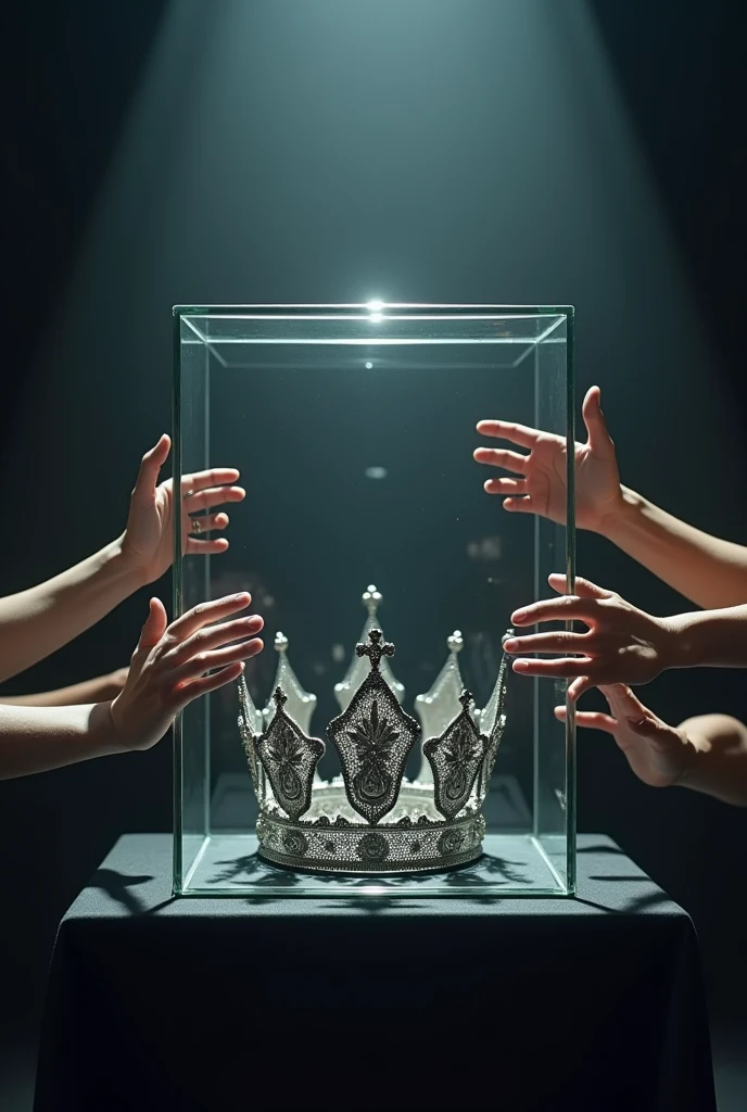 (bookcover), large silver wedding crown, Wedding crown in a glass box on the table, There is a large stage space under the glass box wedding crown, dark background, Many hands from the right and left sides want to grab the wedding crown, perfect hands.