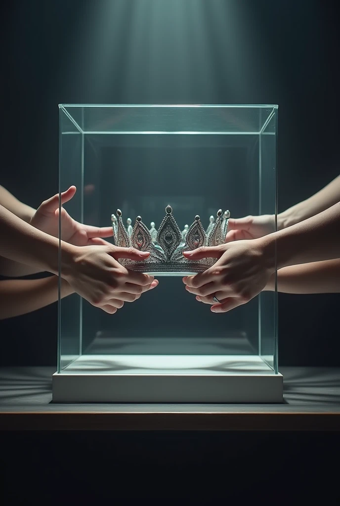 (bookcover), large silver wedding crown, Wedding crown in a glass box on the table, There is a large stage space under the glass box wedding crown, dark background, Many hands from the right and left sides want to grab the wedding crown, perfect hands.