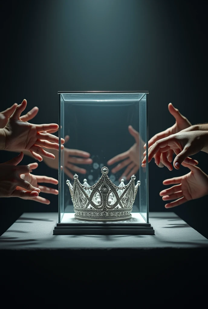 (bookcover), large silver wedding crown, Wedding crown in a glass box on the table, There is a large stage space under the glass box wedding crown, dark background, Many hands from the right and left sides want to grab the wedding crown, perfect hands.