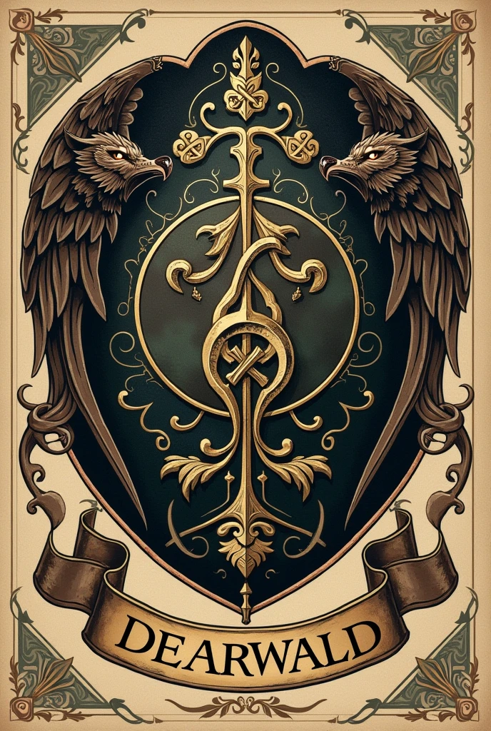 Créé un blason pour la dynastie Dearwald. C'est une puissante famille de sorciers composés d'intellectuels nés au Royaume-Uni. Ils possèdent également le titre de comte du Norfolk. Le nom Dearwald doit apparaître sous le blason dans une banderole. Pas de visage humain sur le blason.
