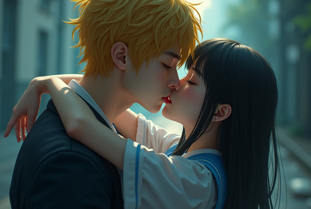 (32K:1.9, Realistic:1.9, Highest quality, masterpiece, Ultra-high resolution), Perfect dynamic composition:1.3, Highly detailed skin and facial textures:1.3, Cute sexy slim Japanese schoolgirl, (Slimman, Height about 180cm), (They both close their eyes, A man carries a woman in his arms and kisses her:1.3), Fair skin, ((Clarity:1.1)), (The guy has a great uniform:1.3, Bright yellow hair, beautiful目:1.3), (The woman is wearing a uniform with a light blue tie..:1.3, Straight black hair.:1.3, smile:0.9, A man completely charms a woman:0.9, beautiful Blue Eyes, beautiful, Clear Eyes:0.8), Sexy Face:0.4, blush:1.1, (beautifulエロティシズムを醸し出す雰囲気:0.8), Professional random camera work, Cinematic Lighting Effects, (Full Body Shot), (Too erotic), romantic, mysterious, Object of admiration, original, dramatic, artistic, Innovative, charm, Heartful, Fancy, Tilt, sense of loss, special, exciting, Extreme, sense of openness, joy, joyの表現, ((若さのcharm, 女性的なcharm))