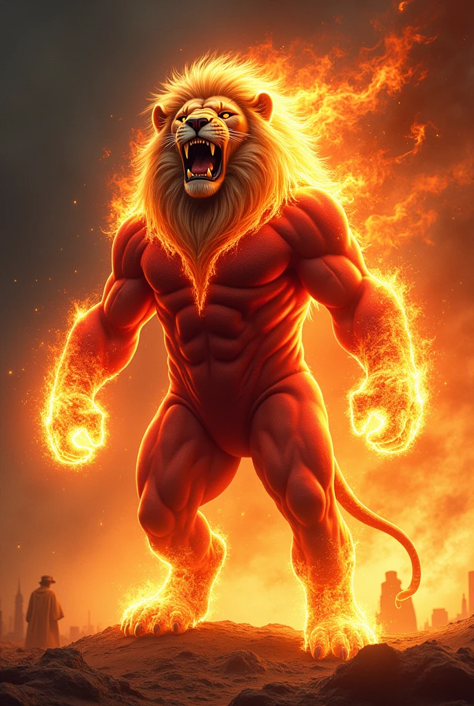 Lion in red hero costume Lion breathing fire from its mouth
One hand is burning and another hand in ice and its tail on fite and teeth is burn on fire and hair is burning and burning costume he wear