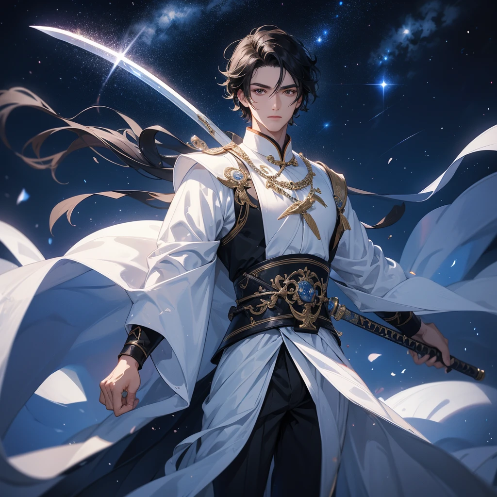 a Handsome black-haired male holding a large sword in white ancient Chinese costume, background is a dark night, with moonlight and millions of stars, twinkling everywhere, with blue light, close up.