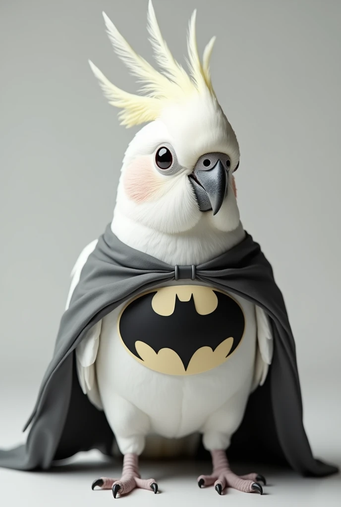 Make a white cockatiel without any red spots on its face, just white and with a batman costume