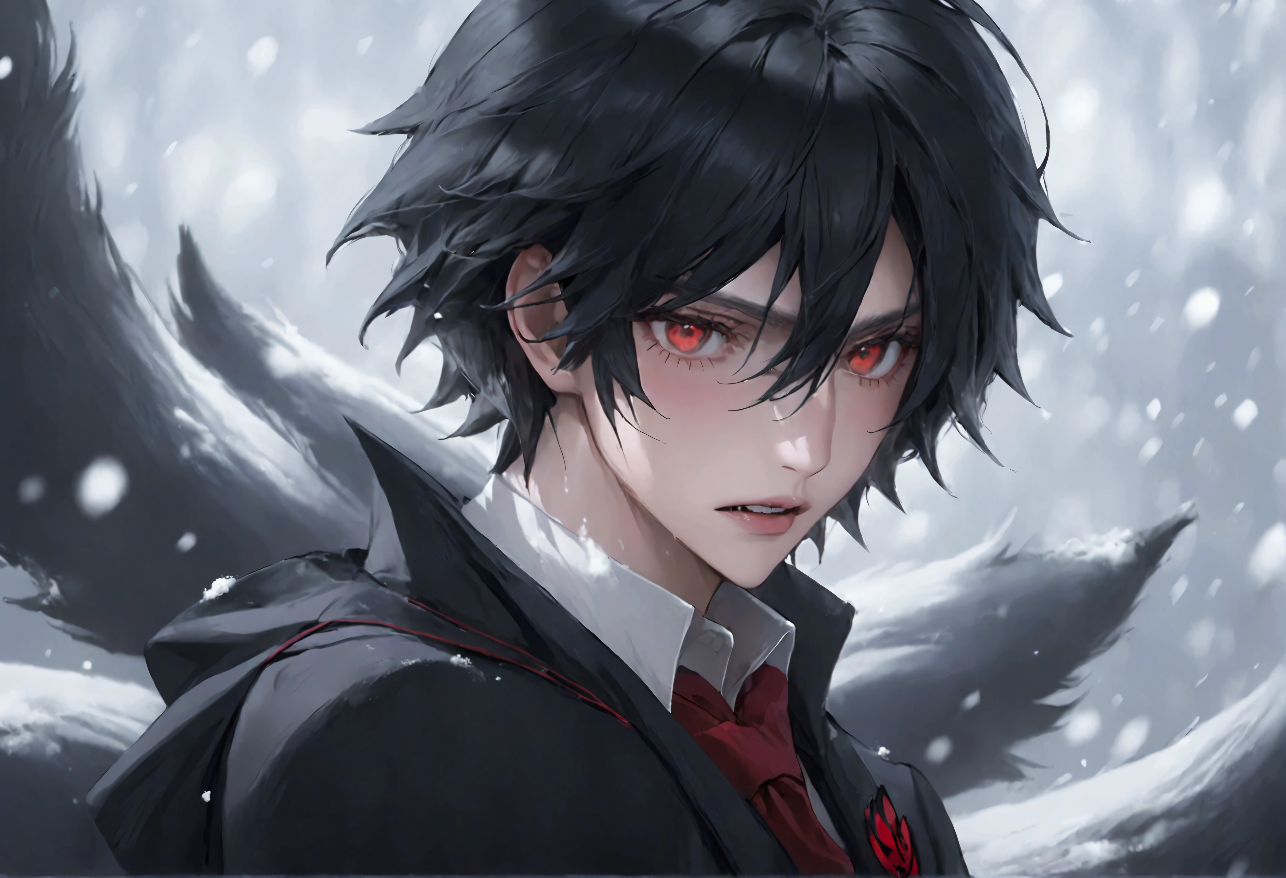 Feminine male, black wolfcut hair, school uniform, classroom, handsome, snow white skin, red eyes, fangs