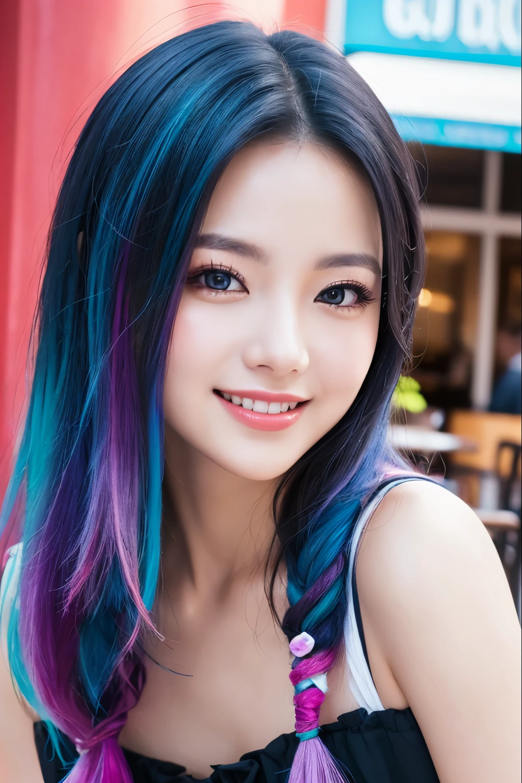 high quality, real、High resolution, Realistic、8k、masterpiece, detailed.impressive, Cutting-edge female photography portraits、Cafe、lunch time、Happy expression、smile、Looking at the camera、cyan, and purple, Her vibrant makeup really catches the eye.. Her colorful hair is tied up high、Various hair colors