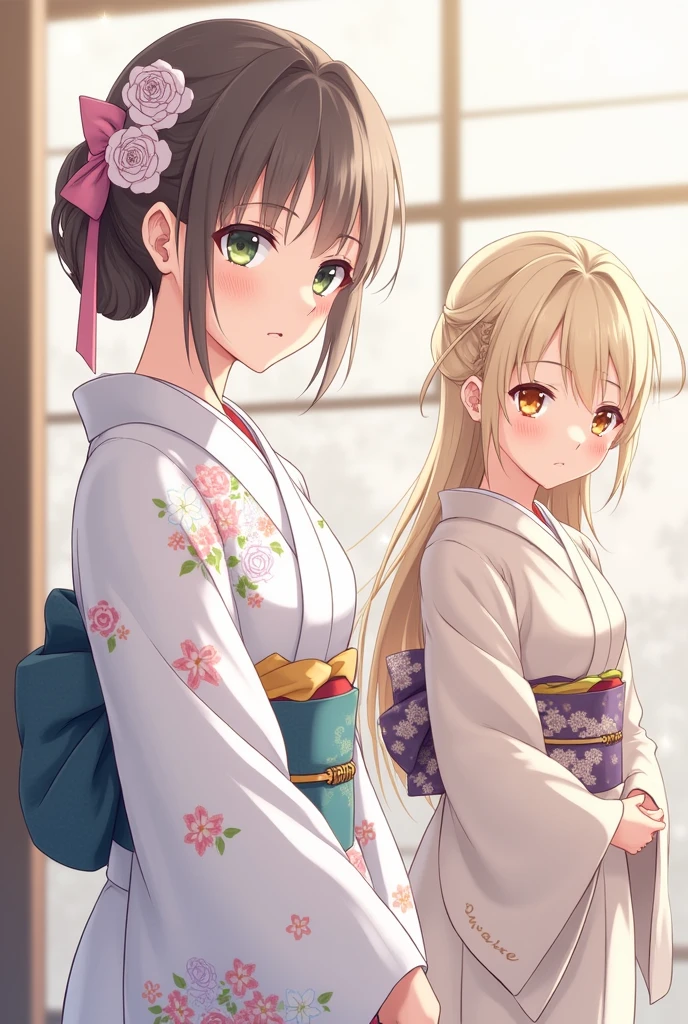 Kimono Girls、Demure、Lady、moderate、Kimono Beauty、Anime-style expressive faces、bow