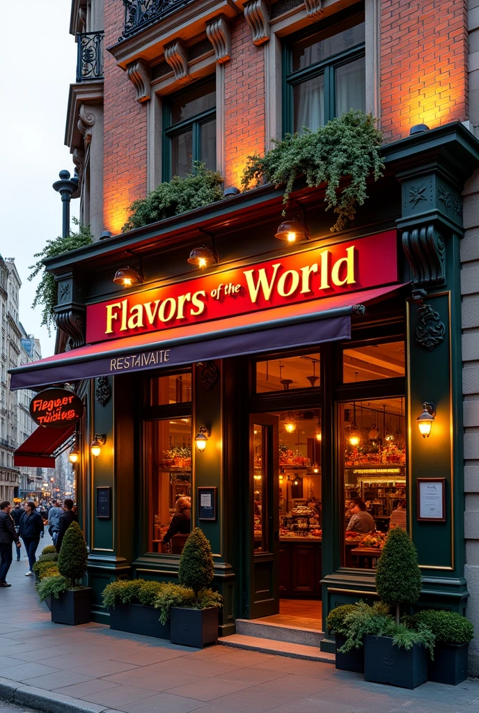 restaurant facade with the name flavors of the world
