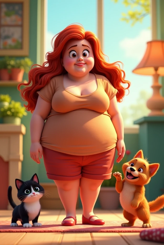 Create an animated pixar photo of a red-haired woman with big hips, chubby and a little chubby, with a small black and white cat and an orange and white cat and a Yorkie dog,