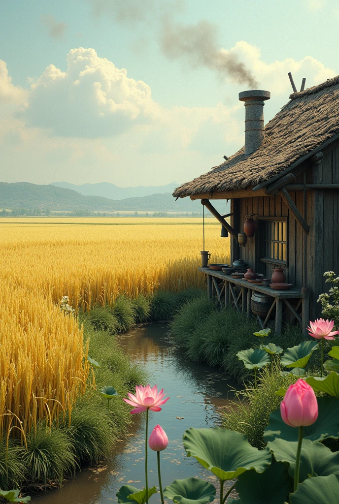 Give me a realistic picture of the old kitchen next to the golden rice fields with a pond of blooming lotus flowers.