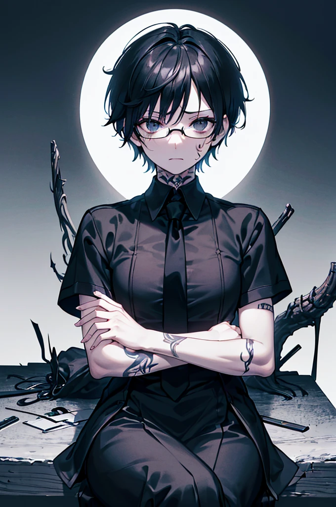 (Tabletop), (Highest quality), (8k)、Very detailed, male1 person、Focus Only,Black jacket、scary look、Sparkling Eyes、(Black Eyes:1.4)Muscular、Shortcuts、male、Tough、scary、Face tattoos、Tattoo on the arm、blood droplets、Scratch marks on face、Black Hair、Black tie、Expressionless、short hair、Blue Mesh、Short Hair、Glasses、1 person、((Unlit black background))、Join hands、Sit at a desk、Strict atmosphere、womanly、looks strong、strong